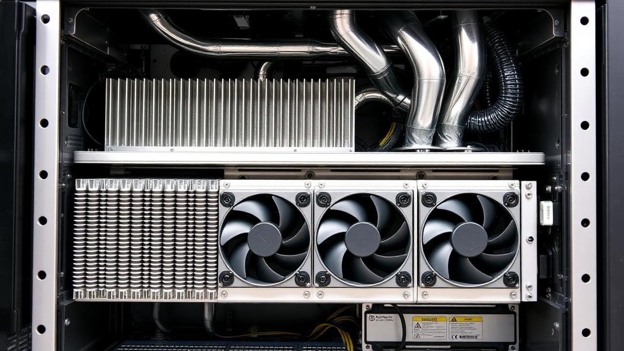 Electronics enclosure thermal simulation showing airflow and temperature contours across a rack-mounted assembly.