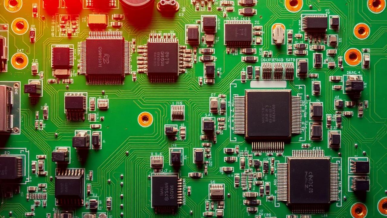 Electronics thermal simulation showing airflow vectors and temperature contours across a populated PCB assembly.